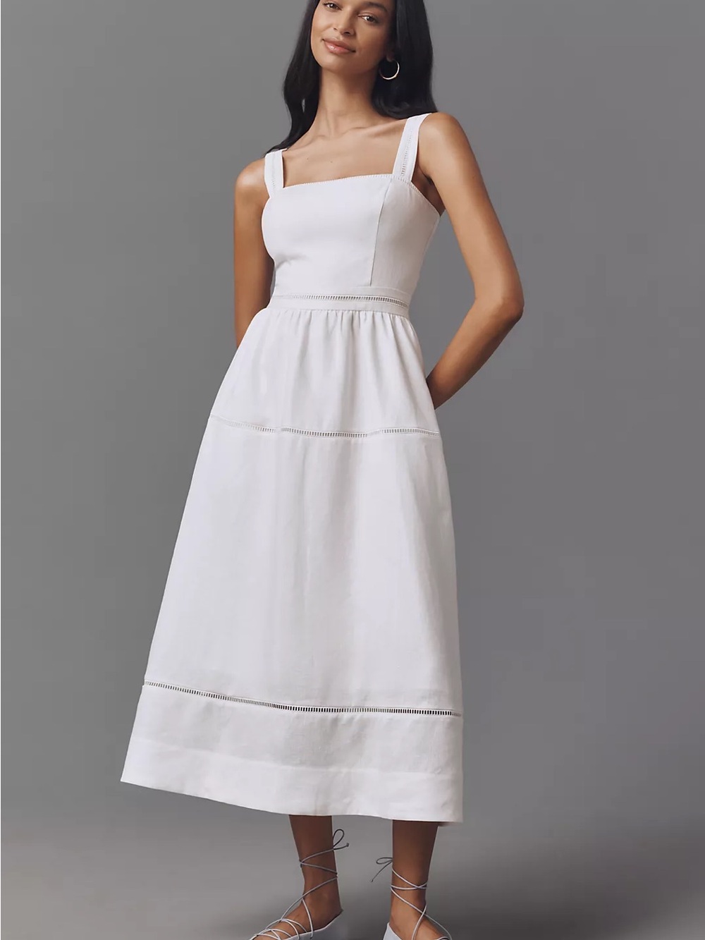 Reformation White Square-Neck Midi Dress with Ladder Trim Accents